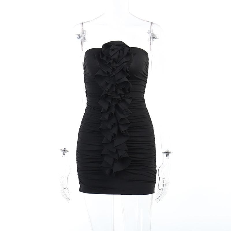 Strapless Rosette Applique Center Ruffle Column Ruched Mini Dress
