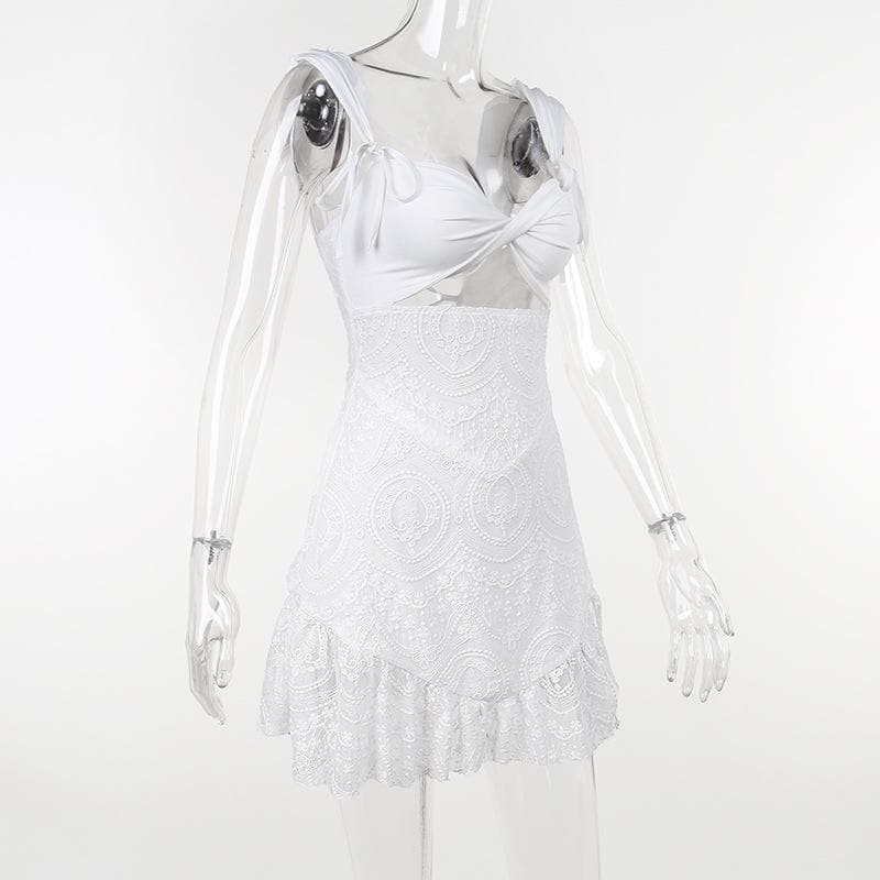 Tie Shoulder Lace Bodice Cutout Lace-Up Medallion Lace Mini Dress