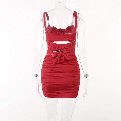 Rosette Applique Spaghetti Strap Cutout Wrap Front Ruched Mini Dress Set
