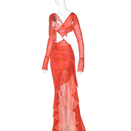 Long Sleeve Deep V Midriff Cutout Tie Front High Slit Ruffle Hem Maxi Dress