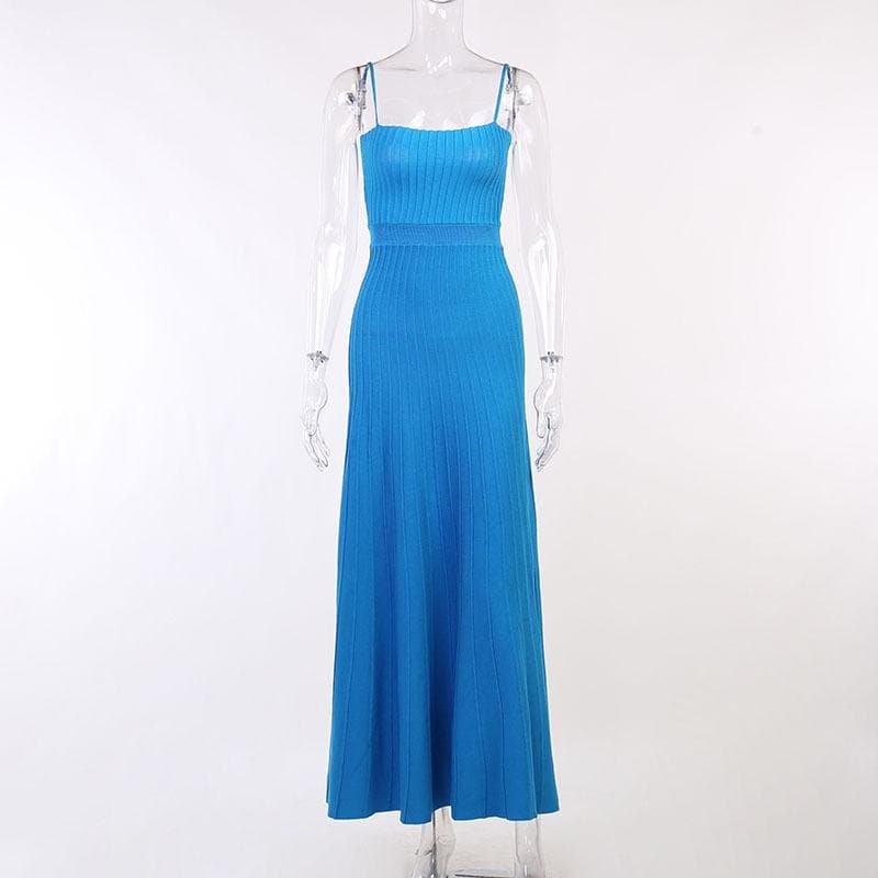 Square Neck Spaghetti Strap Rib Knit Waistband Bodycon Midi Dress