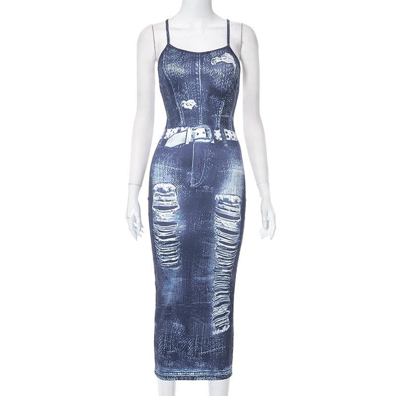 Distressed Denim Print Spaghetti Strap Bodycon Maxi Dress