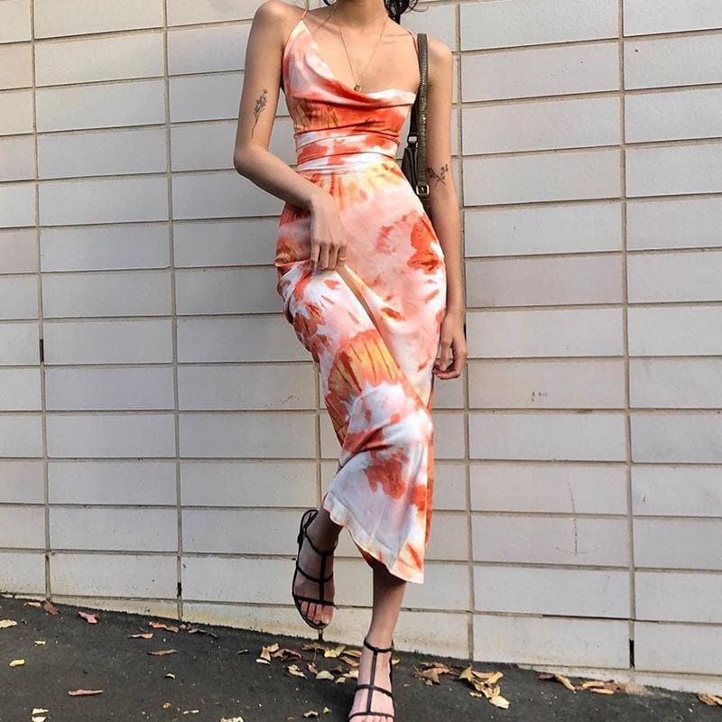 Square Neck Spaghetti Strap Side Ruched Abstract Floral Satin Maxi Dress
