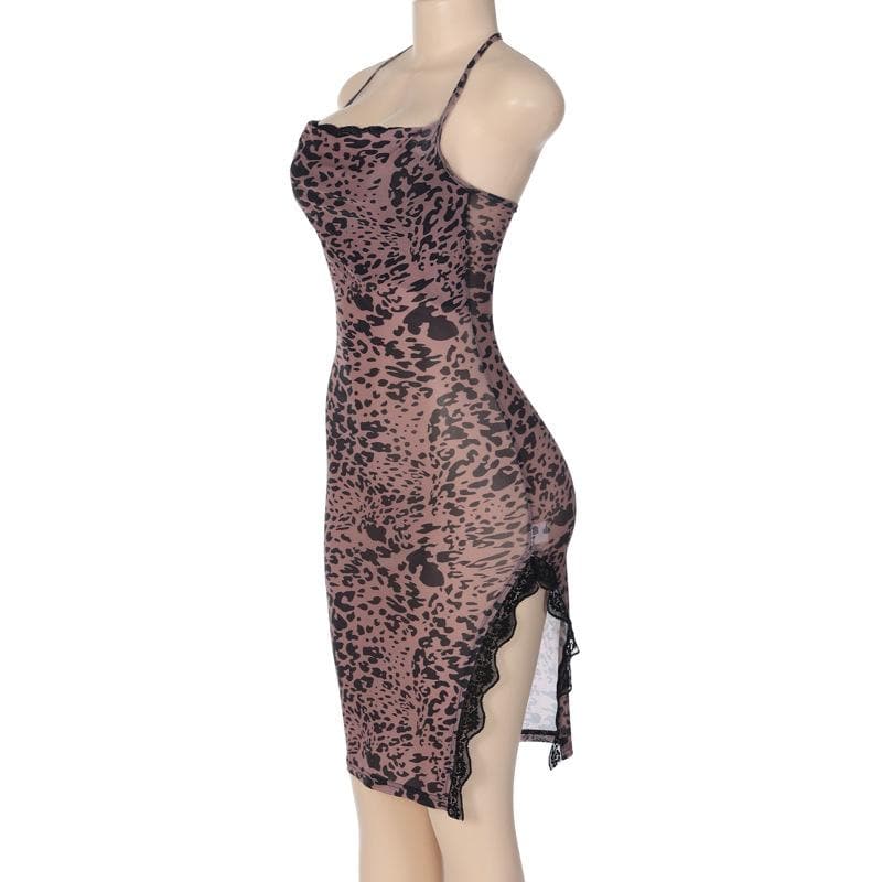 Print Cowl Halter Lace Trim Side Slit Midi Dress
