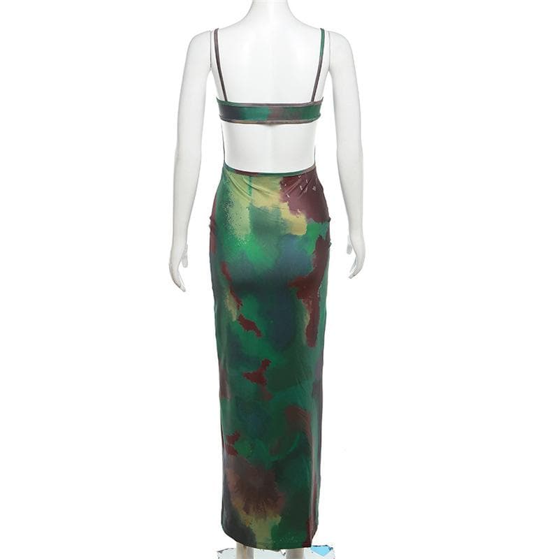 Sweetheart Spaghetti Strap Abstract Watercolor Print Bodycon Maxi Dress