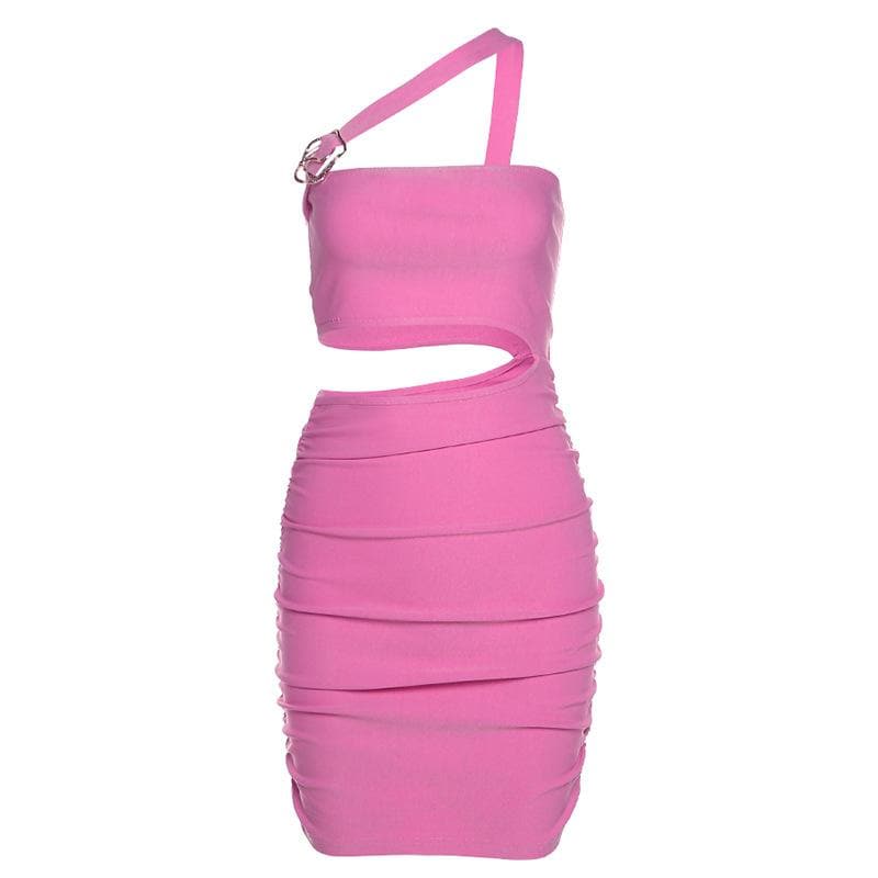 One Shoulder Ring Detail Ruched Crop Top Mini Skirt Set