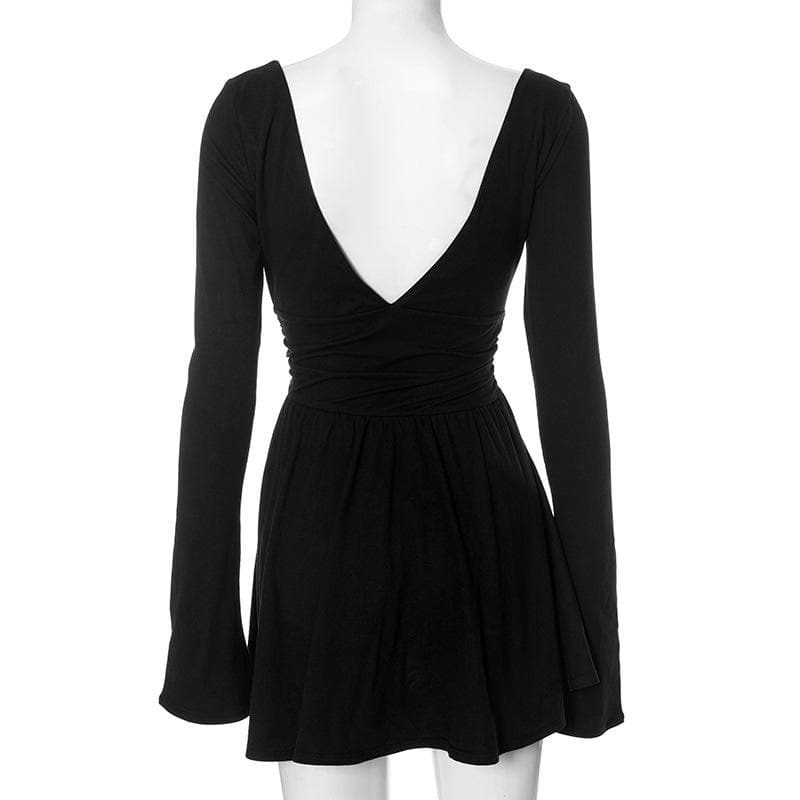 Deep V Neck Long Sleeve Ruched Waist Fit And Flare Mini Dress