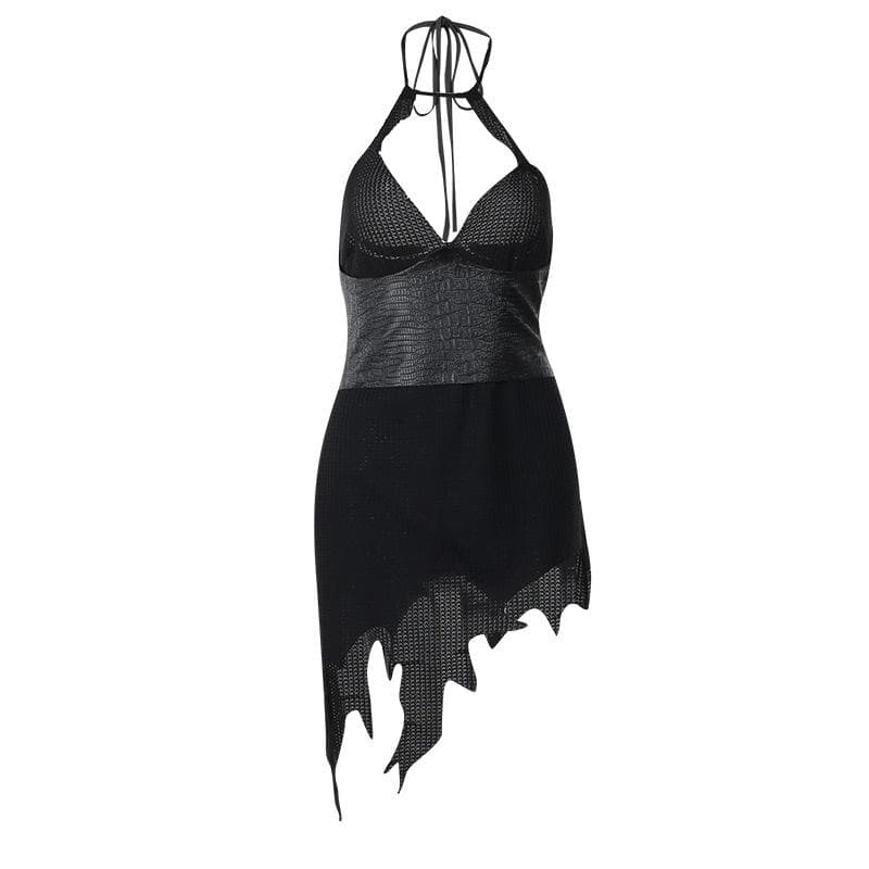 Halter Sweetheart Croc Embossed Corset Panel Shredded Hem Mini Dress