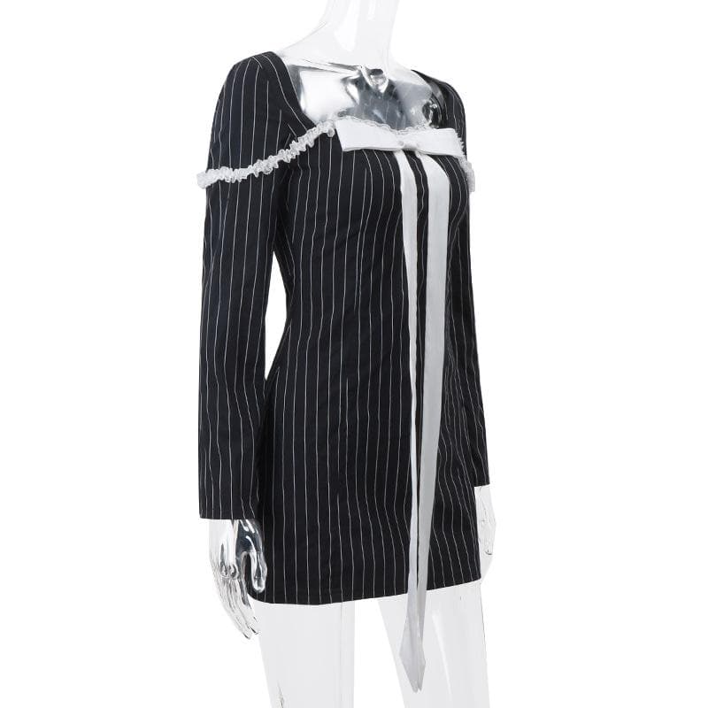 Square Neck Pinstripe Lace Trim Oversized Bow Long Sleeve Mini Dress