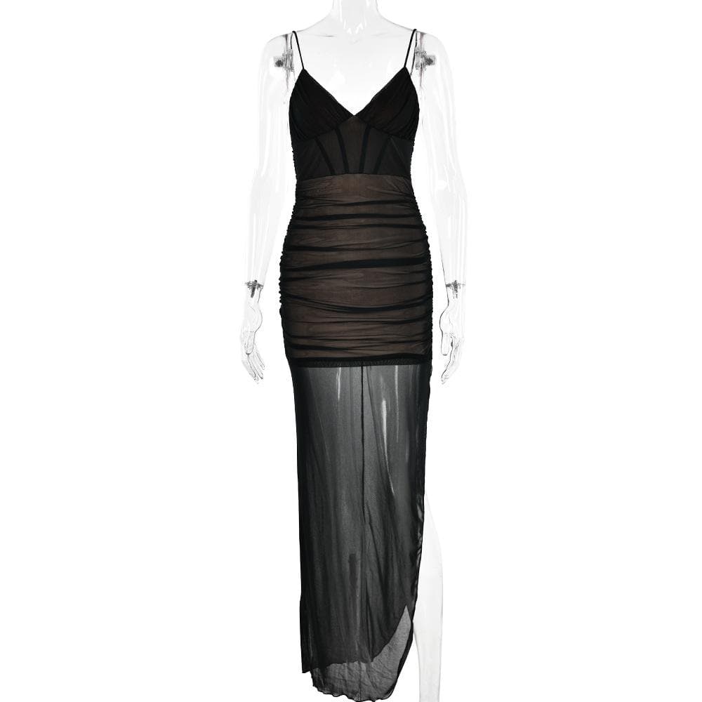 Sweetheart Spaghetti Strap Mesh Overlay Ruched Corset High Slit Maxi Dress