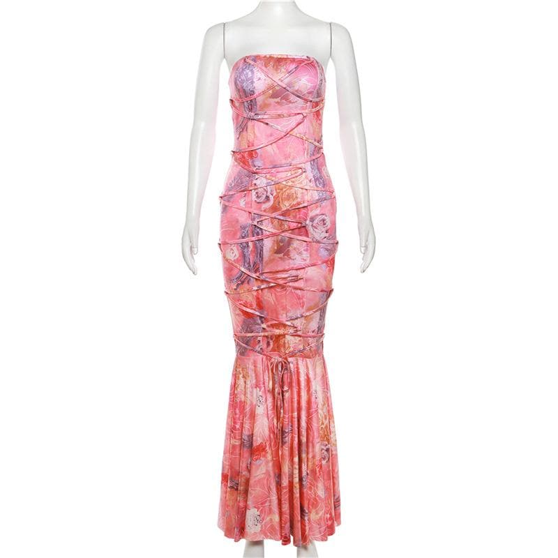 Strapless Floral Print Lace-Up Back Maxi Dress