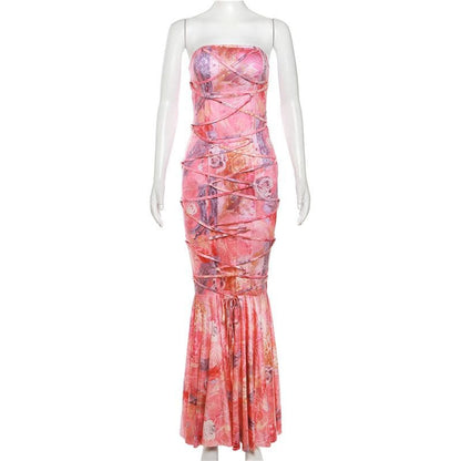 Strapless Floral Print Lace-Up Back Maxi Dress