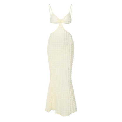 Spaghetti Strap Popcorn Knit Waist Cutout Backless Maxi Dress
