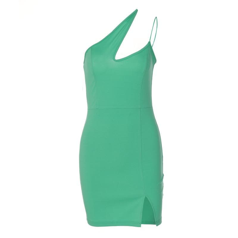 Asymmetric Strap Chest Cutout Spaghetti Strap Side Slit Mini Dress