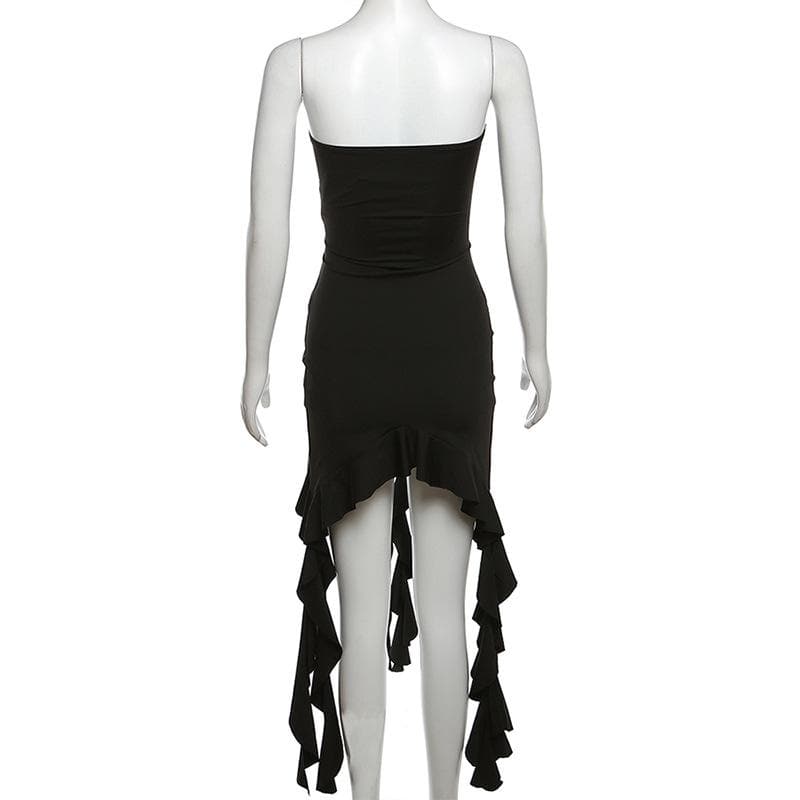 Strapless Lace Up Grommet Corset Ruffle High Low Hem Mini Dress