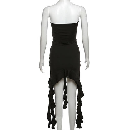 Strapless Lace Up Grommet Corset Ruffle High Low Hem Mini Dress