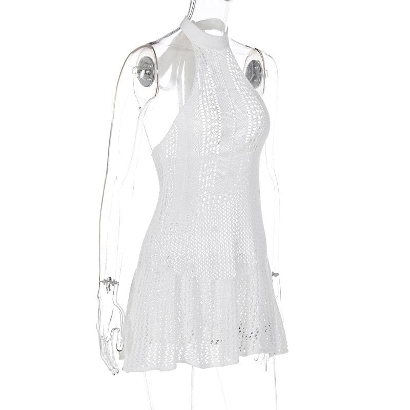 Crochet Halter Neck Open Knit Ruffle Hem Fit and Flare Mini Dress