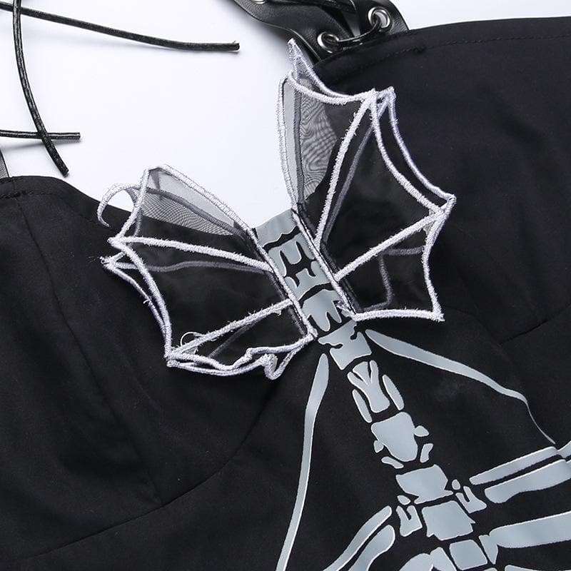 Skeleton Print Studded Choker Halter Grommet Strap Skater Mini Dress