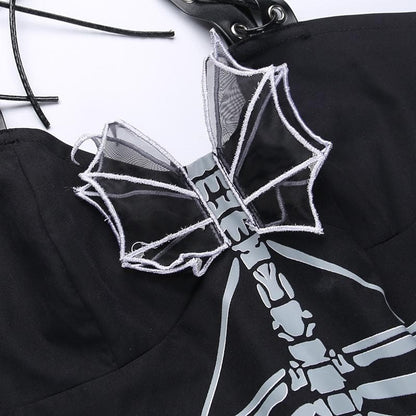 Skeleton Print Studded Choker Halter Grommet Strap Skater Mini Dress