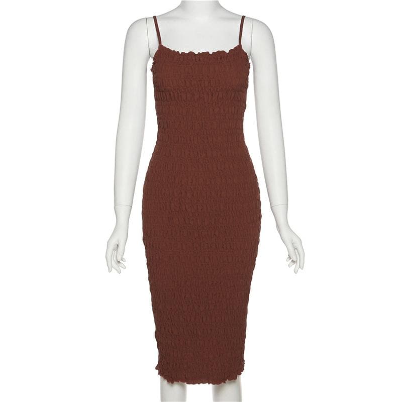 Smocked Spaghetti Strap Square Neck Ruffle Trim Midi Dress