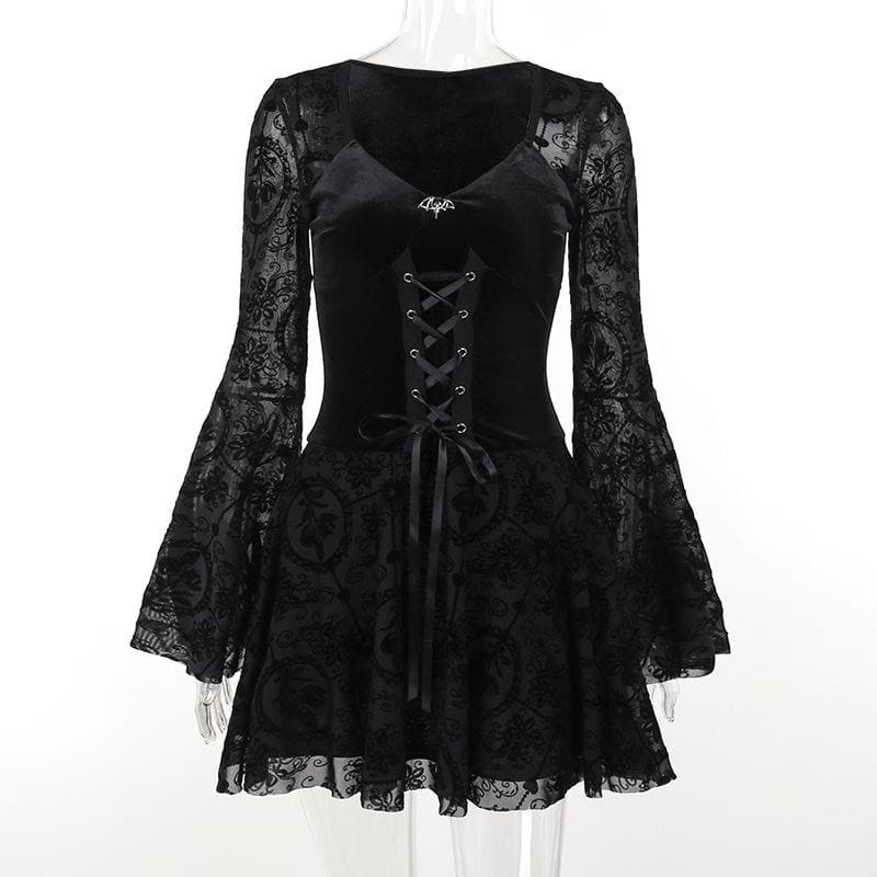 Velvet Lace-Up Corset Bodice Bell Sleeve Flocked Mesh Patchwork Mini Dress