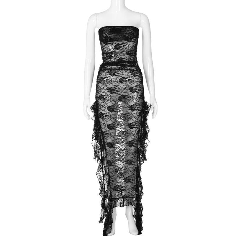 Lace Strapless Ribbon Trim High Slit Tube Maxi Dress