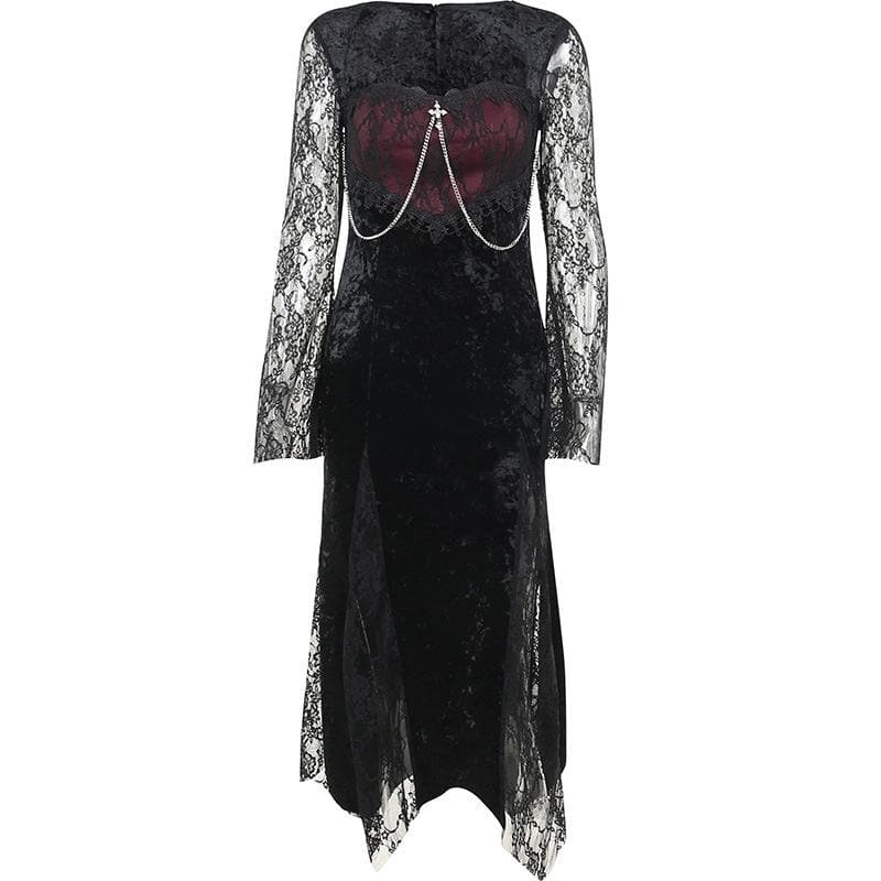 Square Neck Lace Overlay Chain Cross Crushed Velvet Bell Sleeve Midi Dress