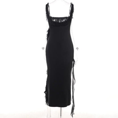 Square Neck Ruffle Strap Ruched High Slit Asymmetrical Ruffle Trim Maxi Dress