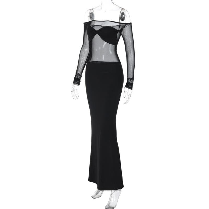 Off Shoulder Mesh Panel Ruched Slit Maxi Dress
