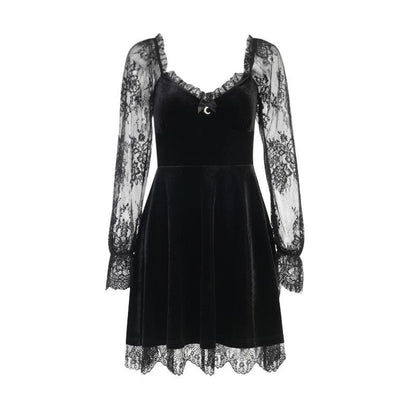 Sweetheart Velvet Bodice Lace Puff Sleeve Ruffle Hem Mini Dress