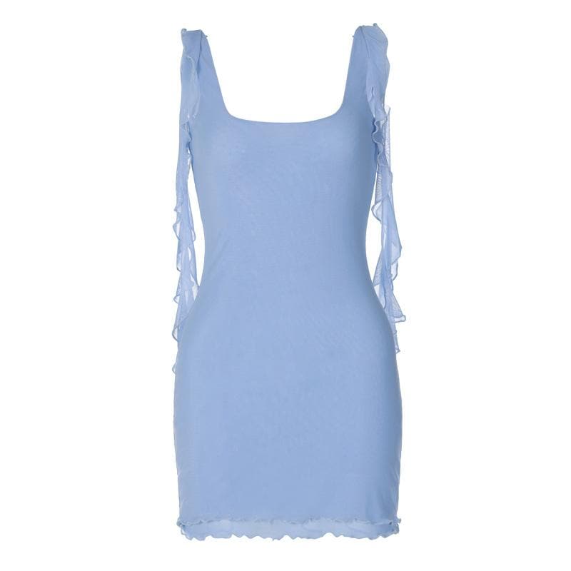 Square Neck Ruffled Strap Sheer Mesh Lettuce Hem Bodycon Mini Dress