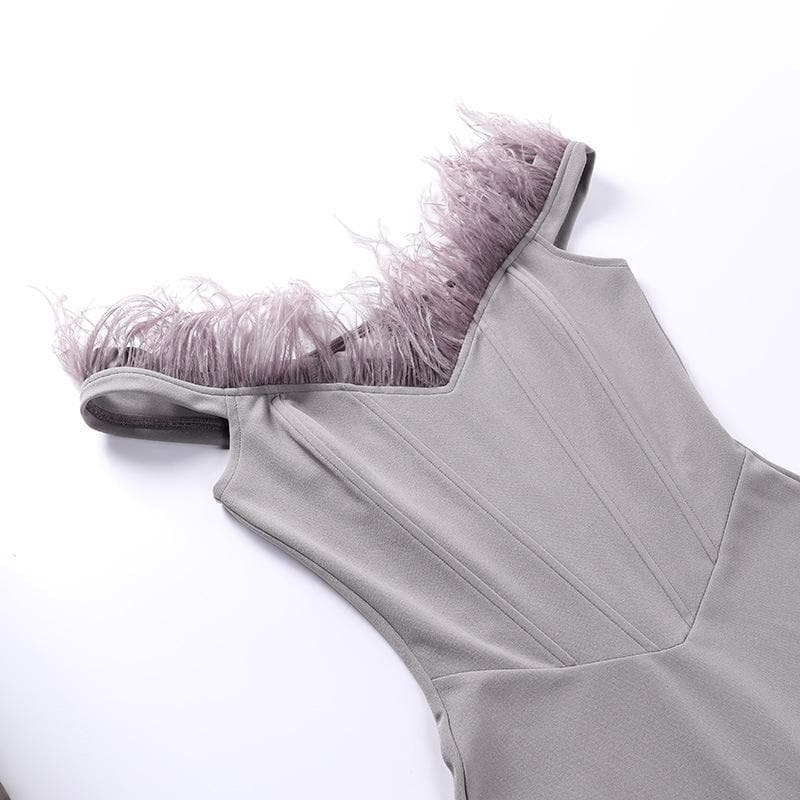 Off-Shoulder Feather Trim Corset Bodice Zip Back Bodycon Mini Dress