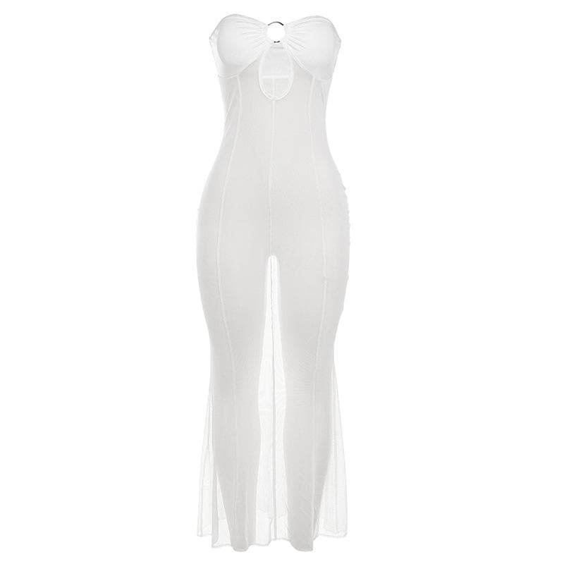 Sheer Mesh Tube Keyhole Ring Center Seam Bodycon Maxi Dress