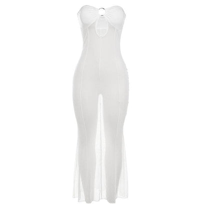 Sheer Mesh Tube Keyhole Ring Center Seam Bodycon Maxi Dress