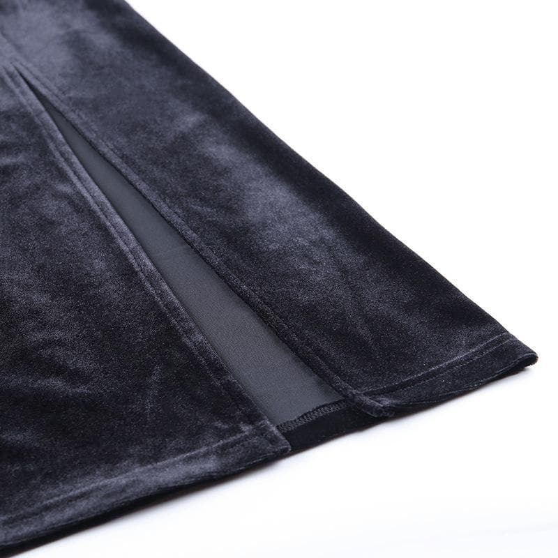 Square Neck Faux Fur Strap Side Slit Velvet Zip Up Midi Dress