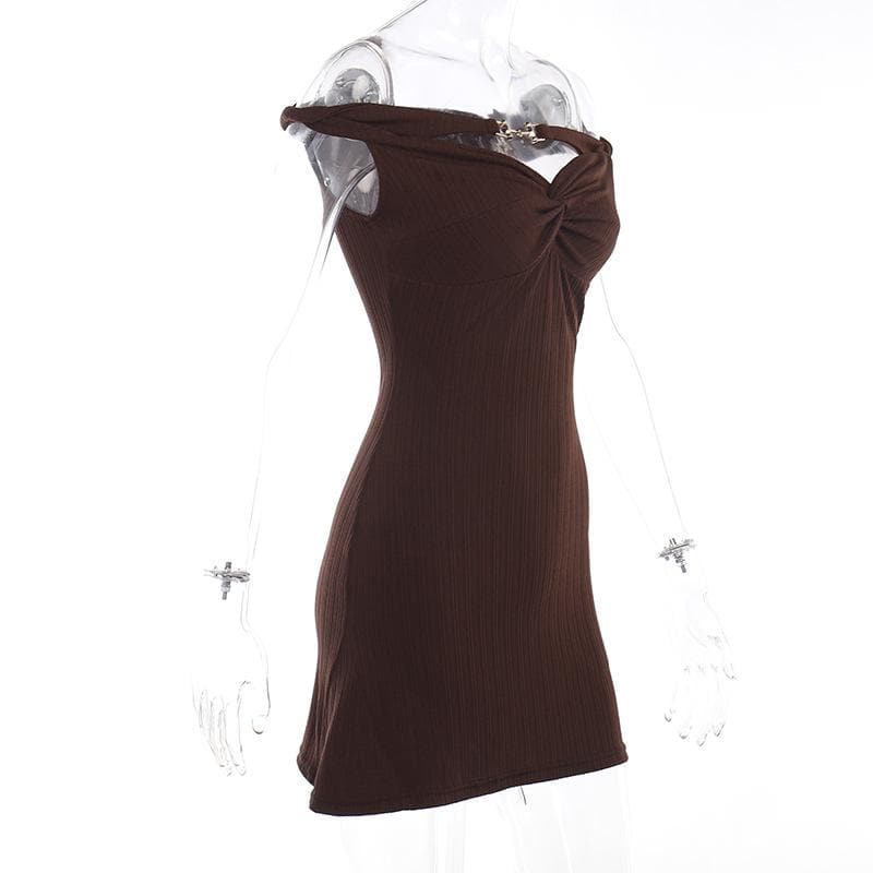Off Shoulder Rib Knit Twist Knot Hardware Detail Bodycon Mini Dress