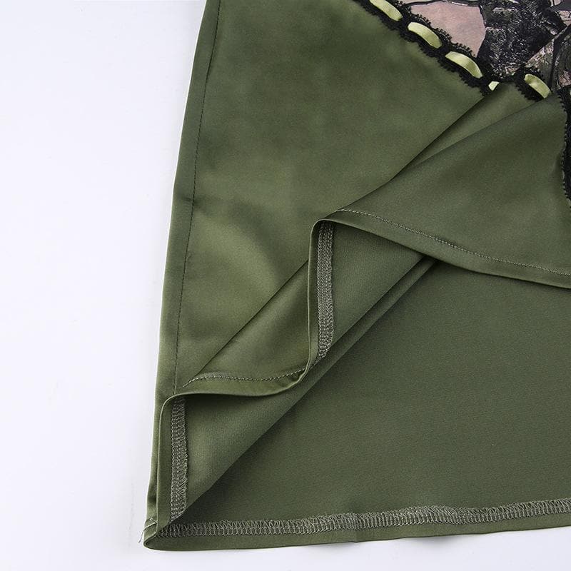 Lace Panel Ribbon Lace-Up Woodland Print Spaghetti Strap Cami Mini Dress