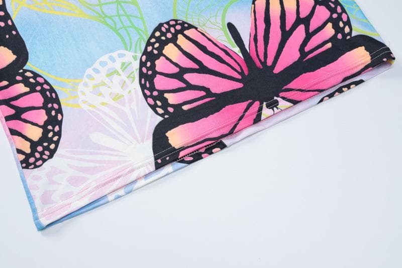 Butterfly Print Ruched Backless Halter Contrast Maxi Dress