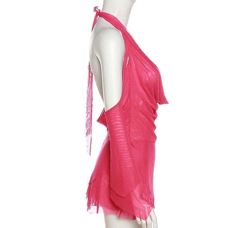 Halter Cowl Neck Mesh Off Shoulder Flare Cuff Mini Dress