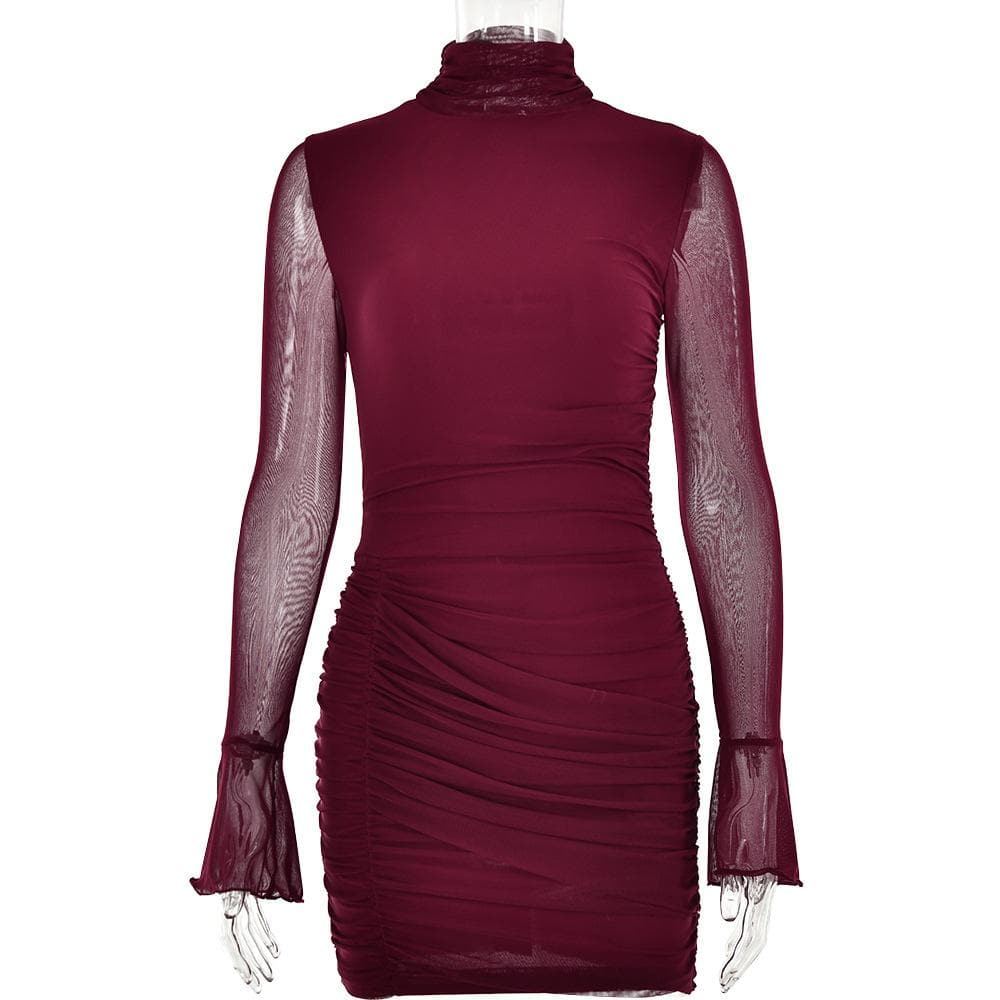 Mock Neck Sheer Mesh Bell Sleeve Horizontal Ruched Mini Dress