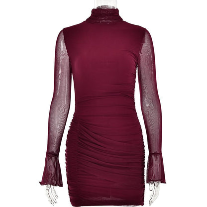 Mock Neck Sheer Mesh Bell Sleeve Horizontal Ruched Mini Dress