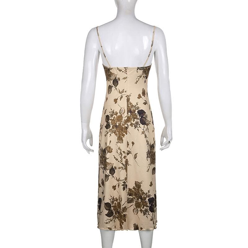 Square Neck Spaghetti Strap Classic Floral Print Lettuce Hem Midi Slip Dress