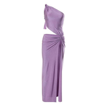 One Shoulder Knotted Waist Side Cutout Ruched High Slit Floor Length Maxi Dress