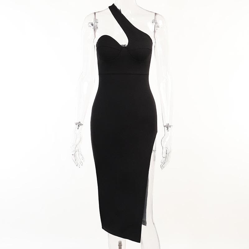 Asymmetric One Shoulder Sweetheart Bustier Side Slit Bodycon Midi Dress