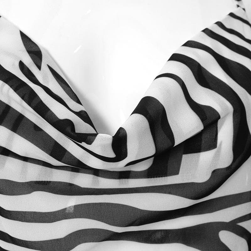 Cowl Neck Zebra Print Halter Cross Open Back Bodycon Maxi Dress