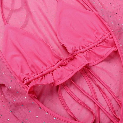 Rhinestone Mesh Long Sleeve Midriff Cutout Ruched Drawstring Bikini Cover Up Set