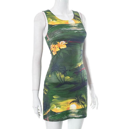 Round Neck Sleeveless Tropical Landscape Print Bodycon Mini Dress