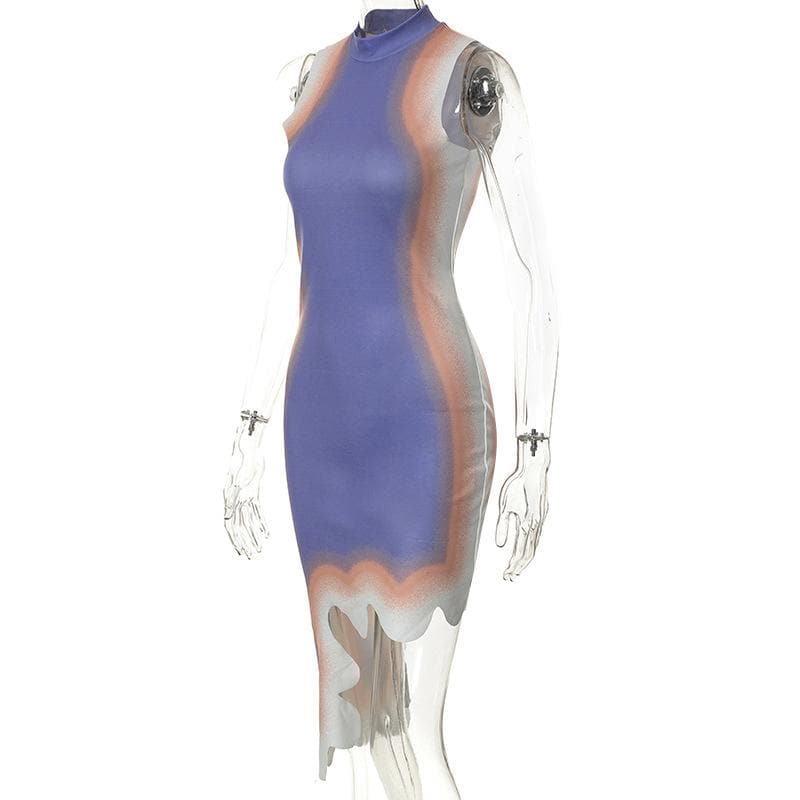 Thermal Print Mock Neck Sleeveless Irregular Hem Bodycon Mini Dress