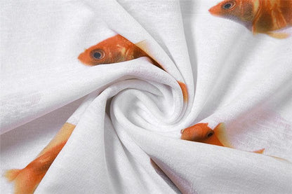 Off Shoulder Foldover Collar Goldfish Print Long Sleeve Bodycon Mini Dress