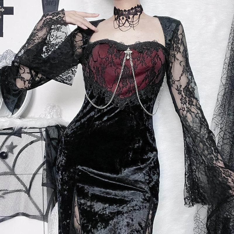 Square Neck Lace Overlay Chain Cross Crushed Velvet Bell Sleeve Midi Dress